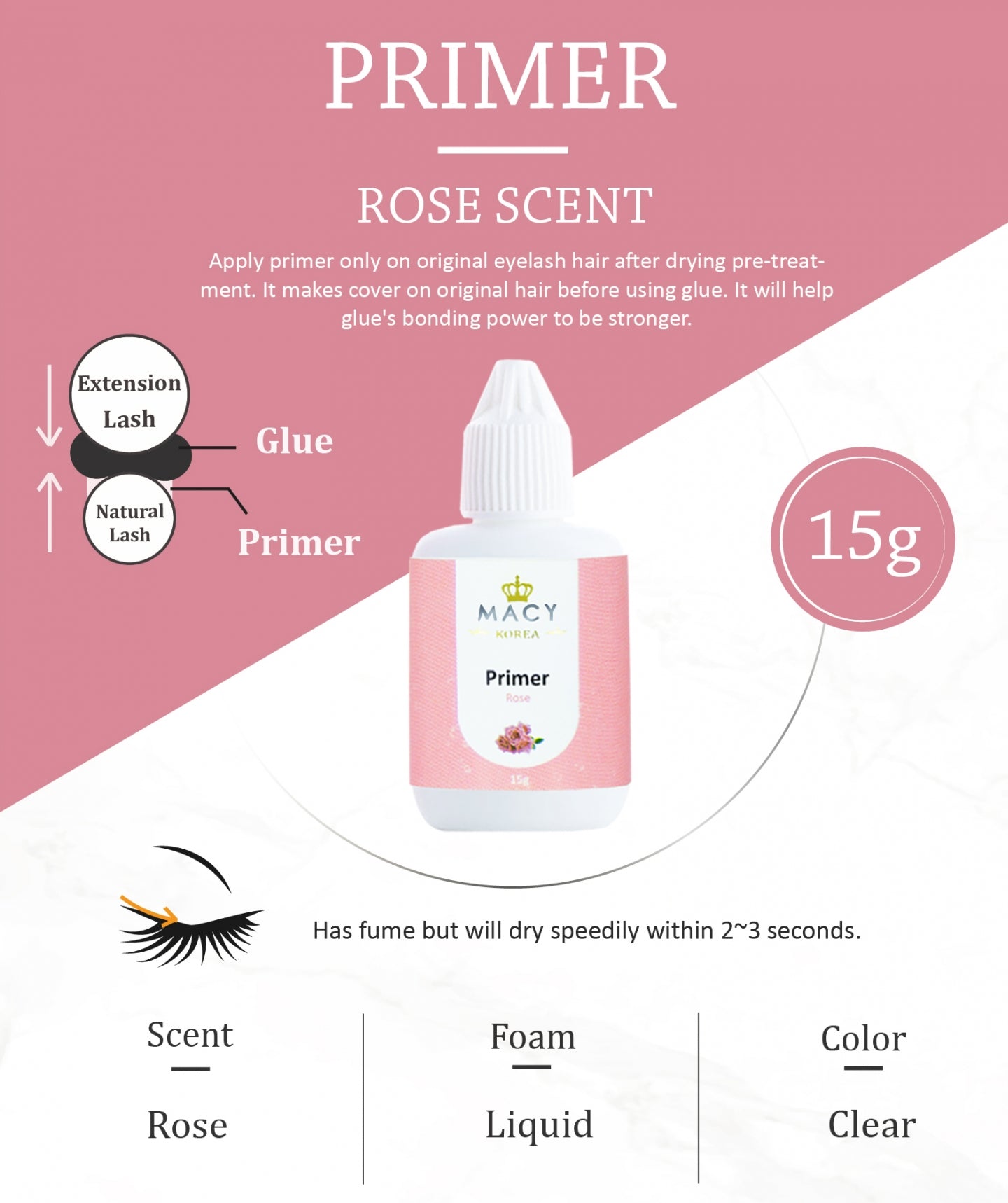 MACY Rose Scent Eyelash Extension Primer: Boost Glue Bond, Fast Dry, 0.53 oz