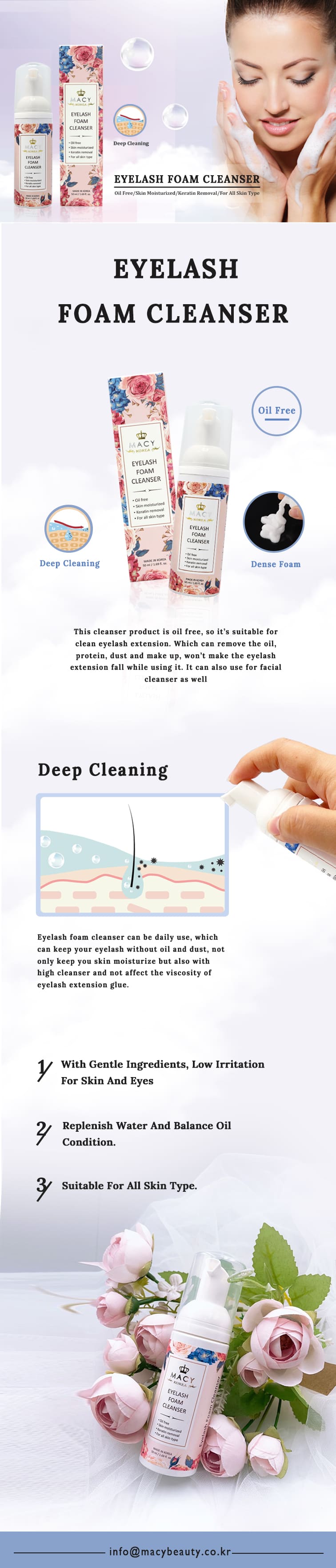 Gentle Oil-Free Eyelash Foam Cleanser for Extension Care and Facial Wash