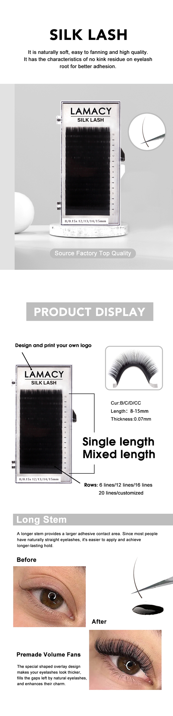 Premium Quality LAMACY Silk Eyelash Extensions for Effortless Volume and Adhesion