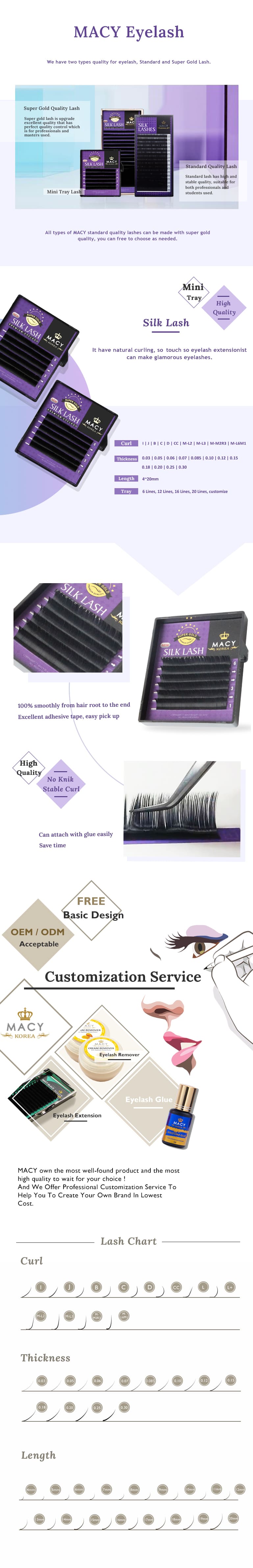 MACY Super Gold Premium Silk Eyelash Extensions - Soft Touch, Natural Curl, Smooth