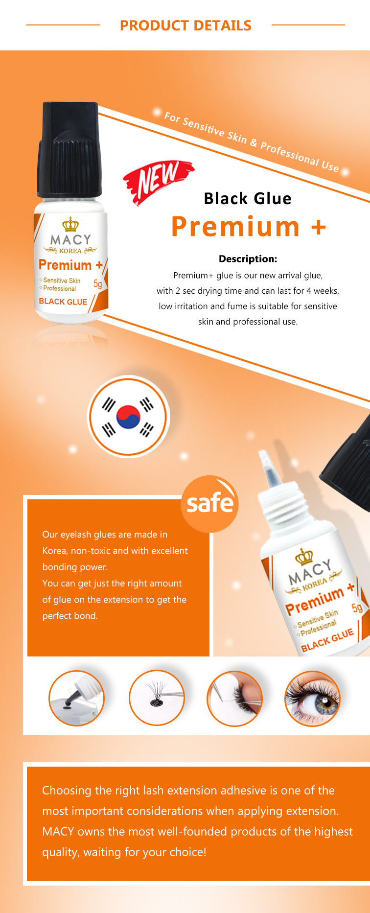 MACY Premium+ Professional Eyelash Extension Glue Black, Fast Drying, Long Lasting