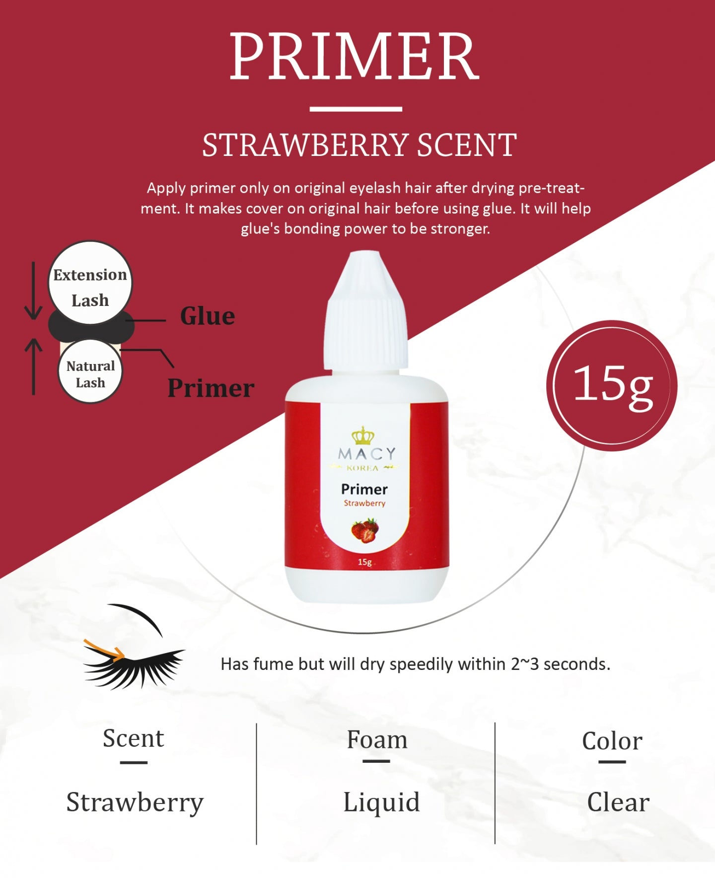 Strawberry Scented Eyelash Extension Primer: Fast-Drying, Strong Bonding, 15g Liquid